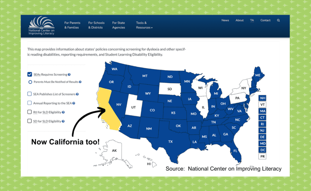 National Center on Improving Literacy's map of states that require screening